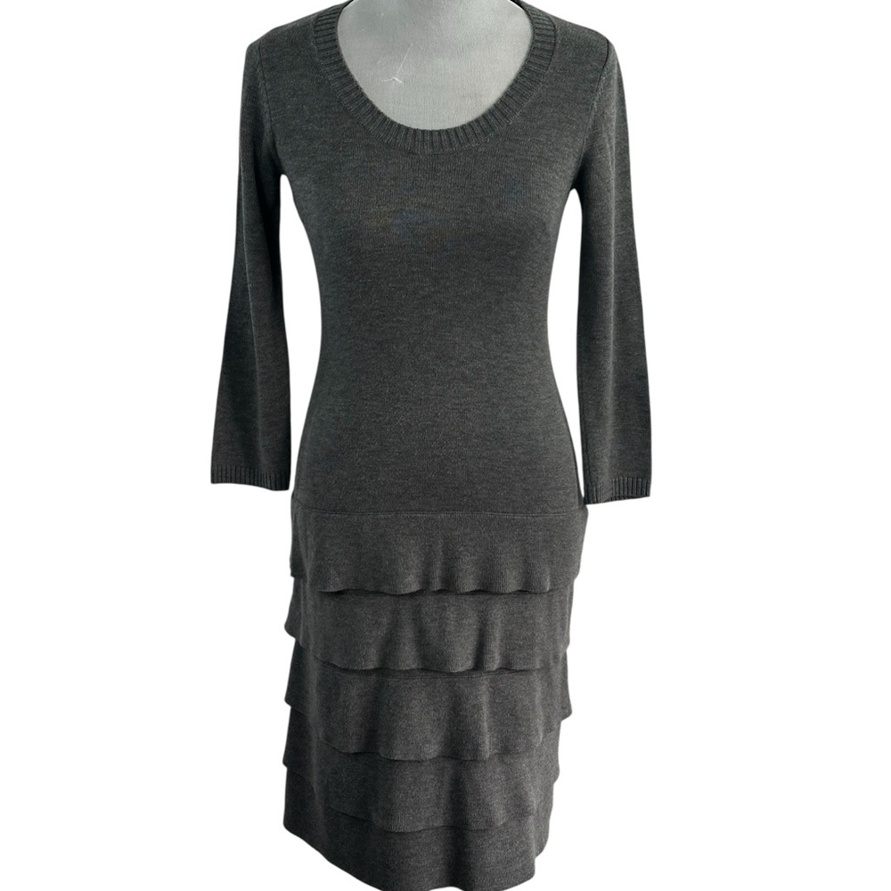 Calvin Klein Gray Tiered Knit Sweater Dress – Minimalist Chic Layered Hem - Picture 2 of 12